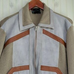 Vintage Michelangelo Jacket Mens XL Beige Leather Knit Bomber Geometric Full Zip